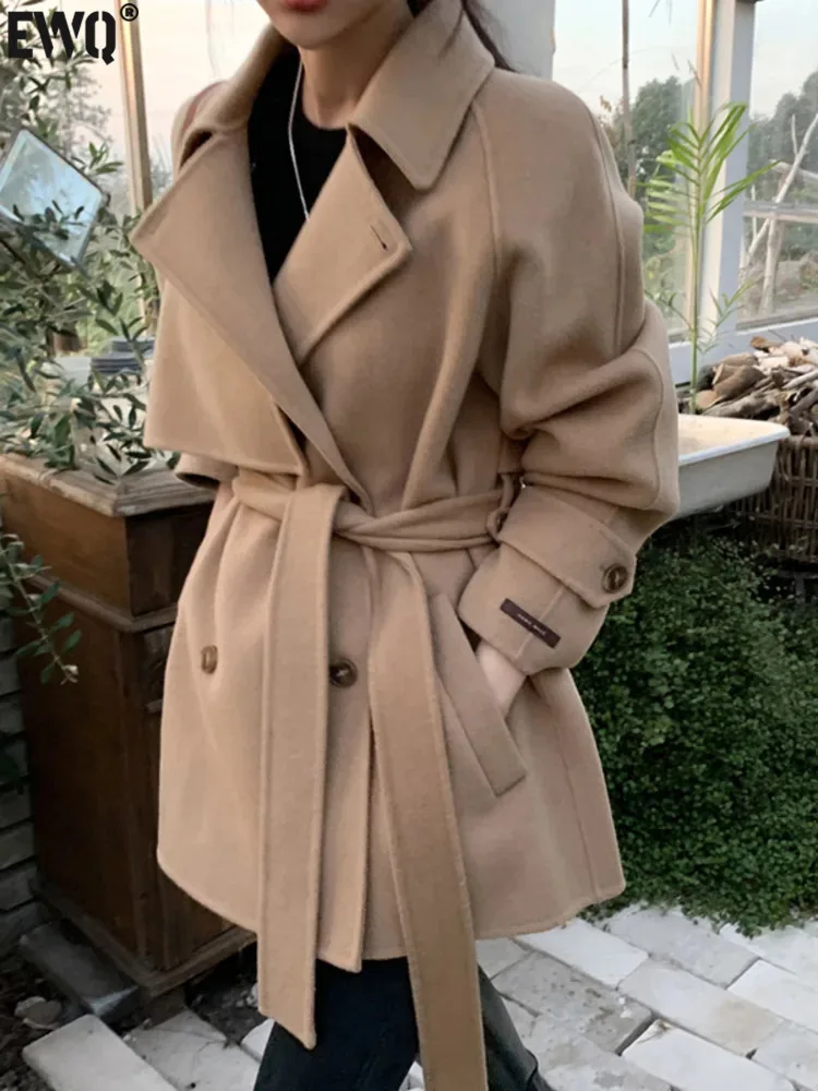 [EWQ] Khaki Outerwear Female Woolen Coat Double Breasted Lace-up Design Women 2024 Winter Solid Cashmere Overcoats Tide Tops