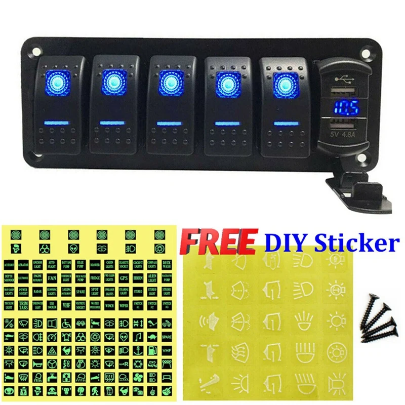 5 Gang Rocker Switch Panel - 5 Pin ON Off Toggle Switch With Blue LED Backlit Wiring Harness For Boat Car Marine ATV UTV