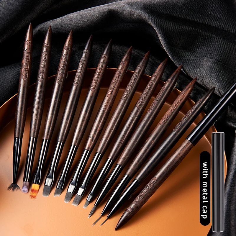 1/12PCS Style Sandalwood Nail Drawing Brushes For Manicure Lines Painting Gradient UV GEL Extension Builder Drawing Pen