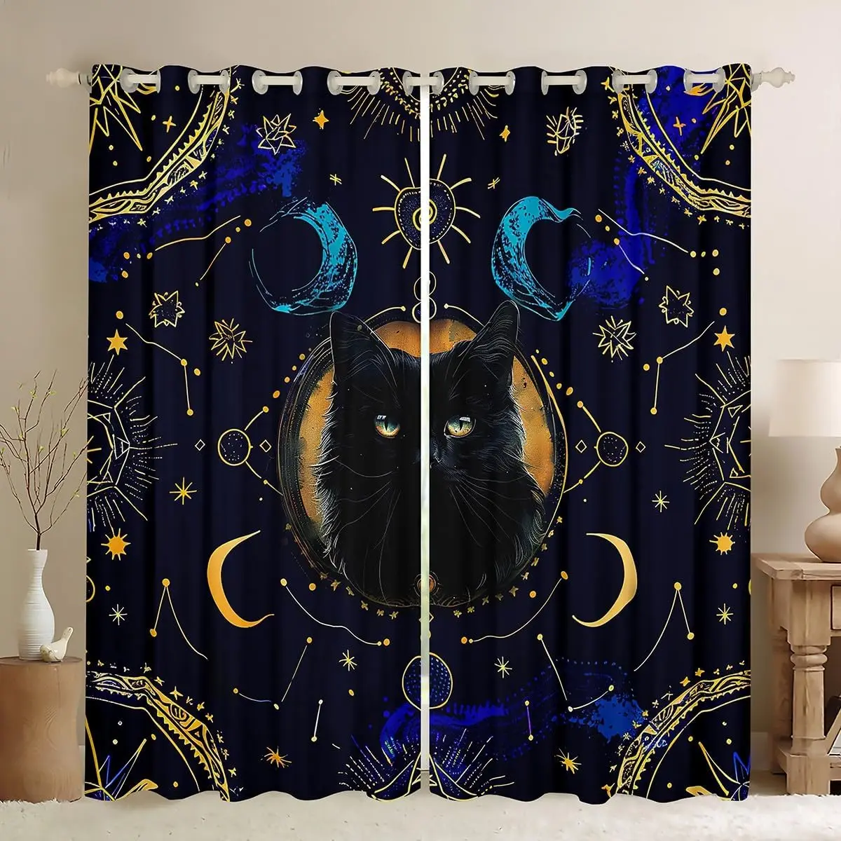 Cosmic Celestial Astrology Curtains Boho Zodiac Night Sky Moon Star Cat Artwork Panels for Home Window Decor