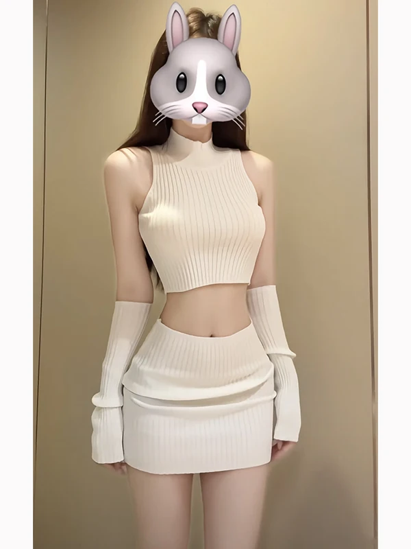 

Sexy Knitted White Set Women's Spring Summer Hot Girl Belly Button Exposure Vest f Skirt Sve Cover Tee Piece Set