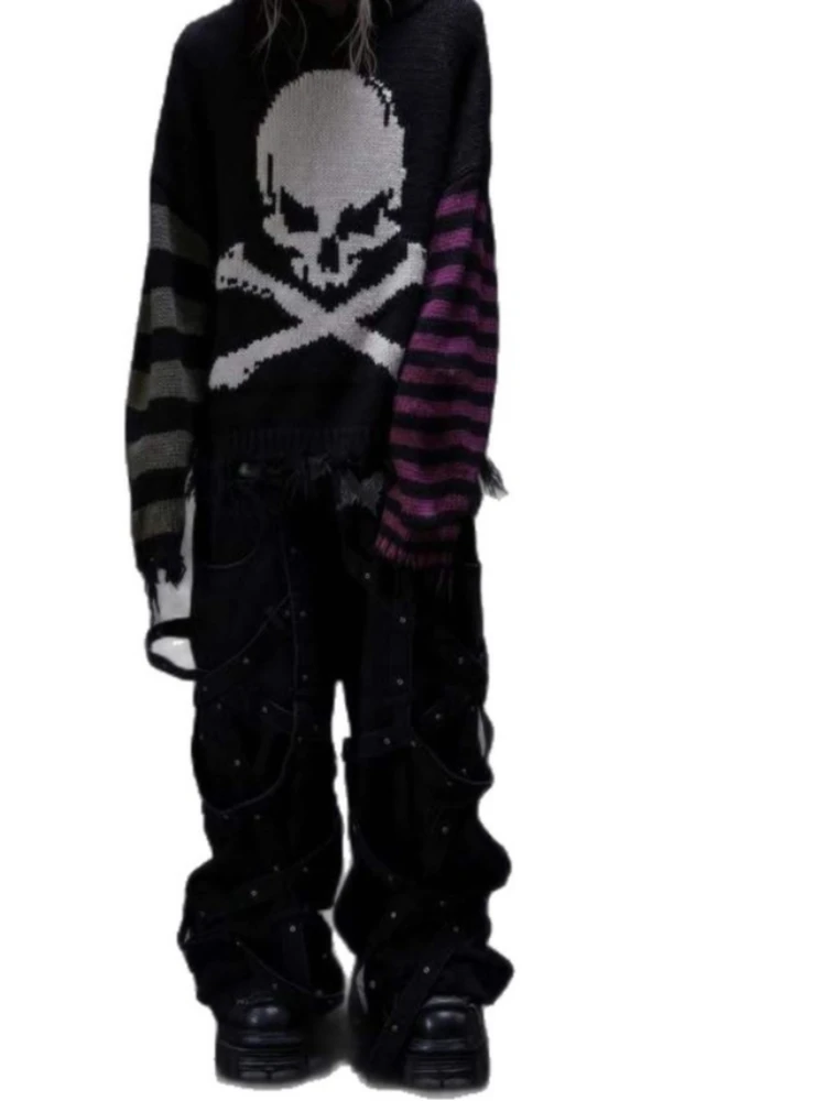 

Новый уличный черный пуловер с принтом черепа и дырками, свитер MMJ для мужчин и женщин с разными двойными рукавами