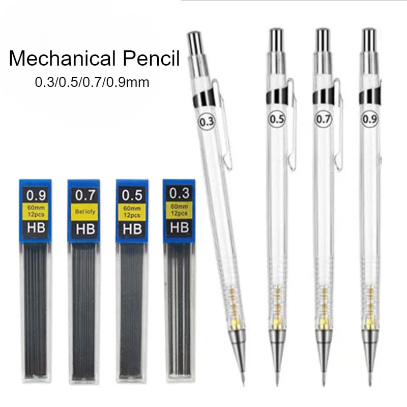 Transparent rod automatic pencil 0.3/0 5/0.7/0.9MM plastic movable pencil with pencil lead set, painting tools, stationery set