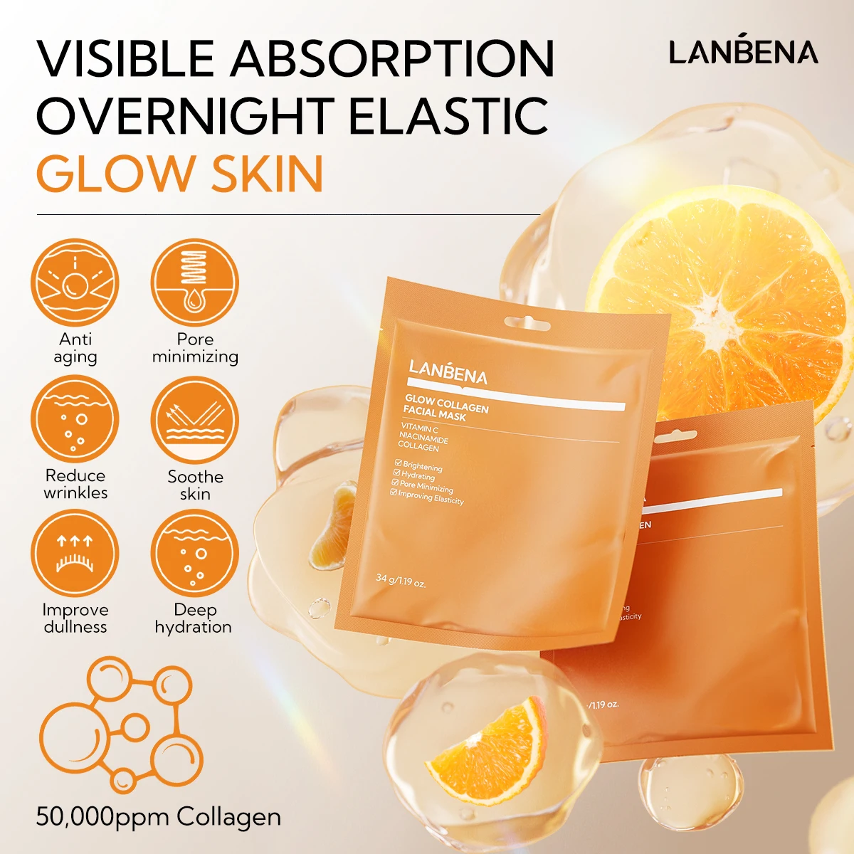 Lanbena vitamina c brilho máscara de colágeno hidratação profunda calmante facial niacinamida soro iluminando poros minimizando máscara 34g