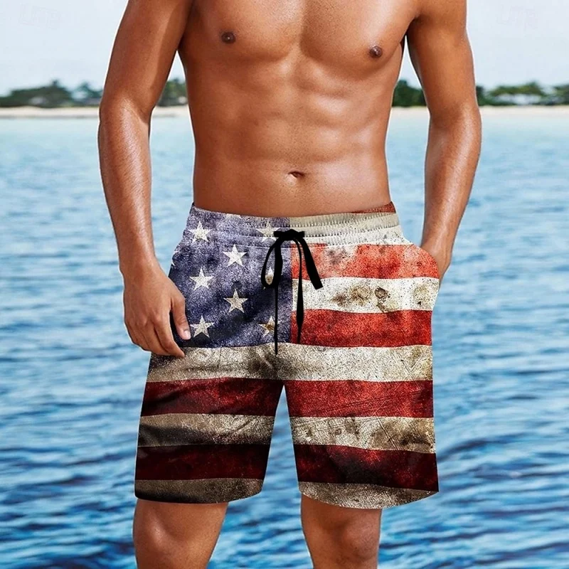 Pantalones cortos con estampado 3D de la bandera de América para hombre, bañador con patrón de rayas y estrellas, traje de baño informal, pantalones cortos de playa, pantalones cortos deportivos para tabla de Surf