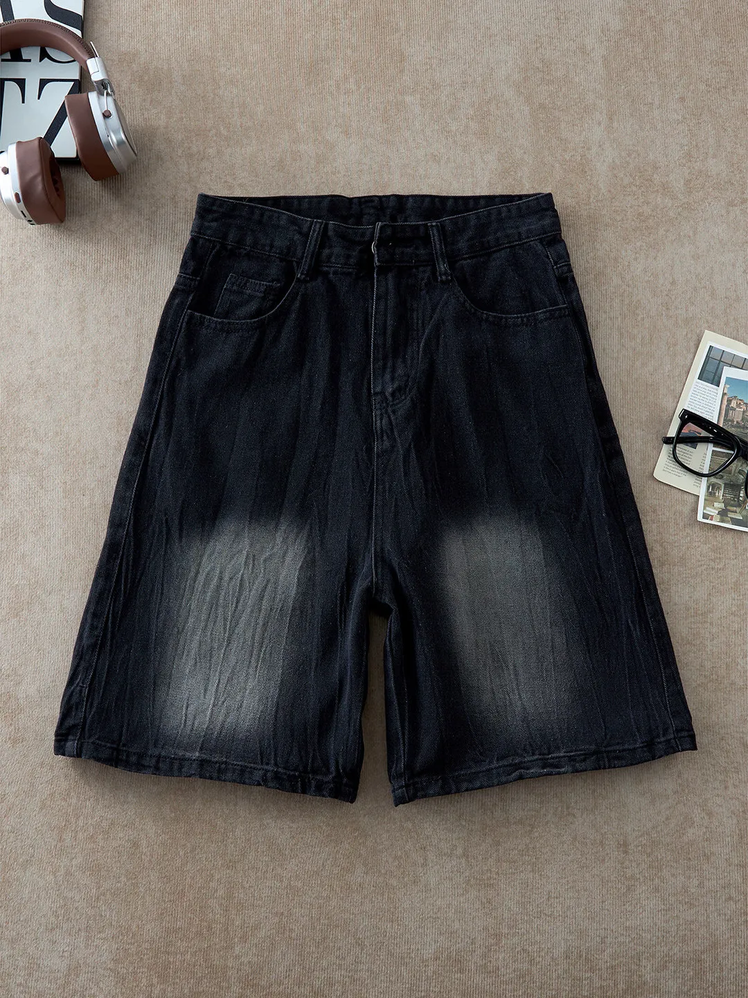 Cleanfit Men's Summer Washed Blue Denim Shorts Five-Quarter Length Thin American High Street Style Vibe Casual Straight Leg P...
