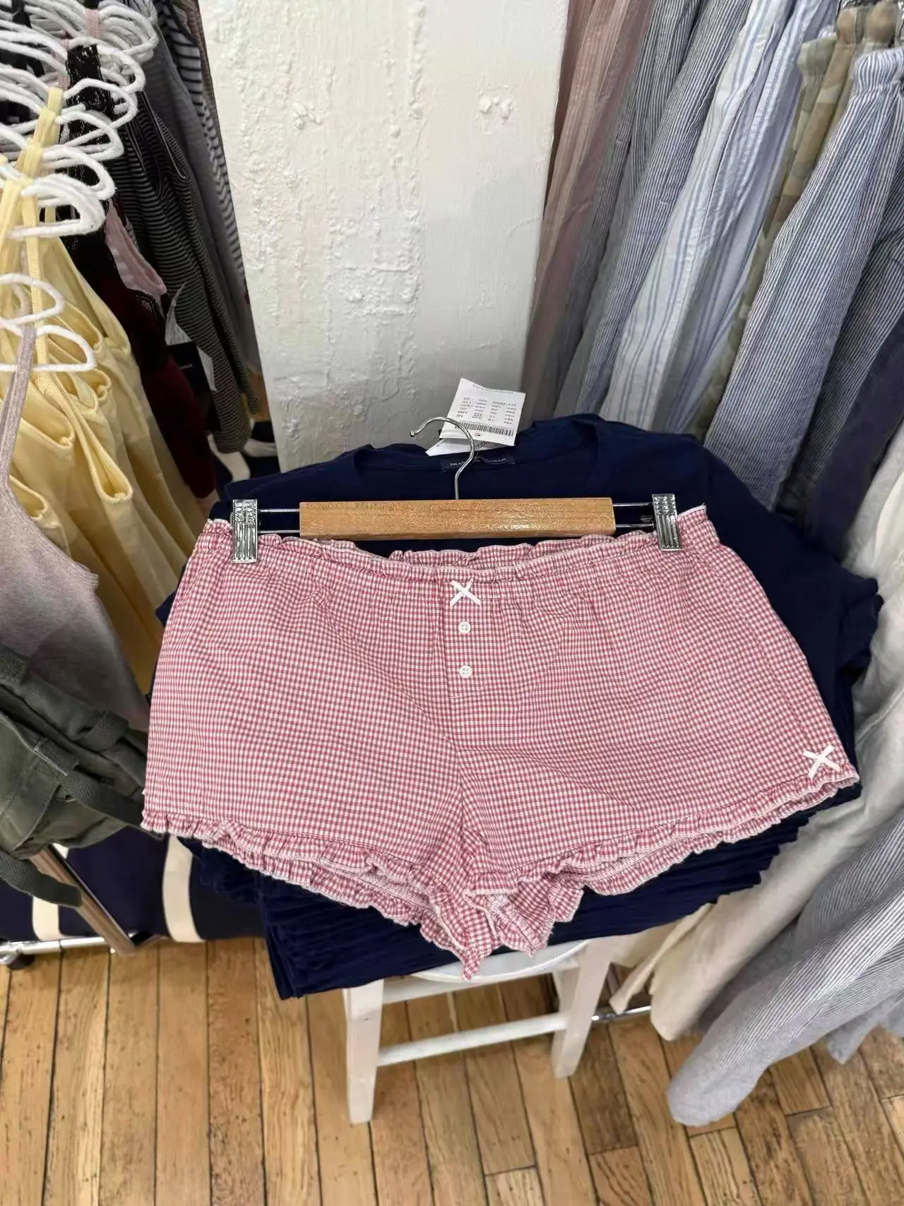핑크 플래드 러플 반바지 여성 여름 투버튼 보우 밴딩 슬림 숏 팬츠 프레피 스타일 스윗 캐주얼 홈 박서 반바지