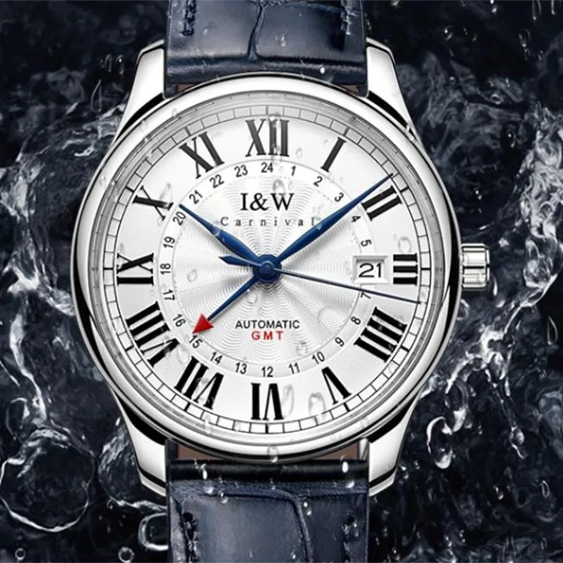 CARNIVAL Brand Mechanical Mens Watches Luxury NH34 Movement GMT Automatic Business WristWatches Waterproof for Men Reloj Hombre