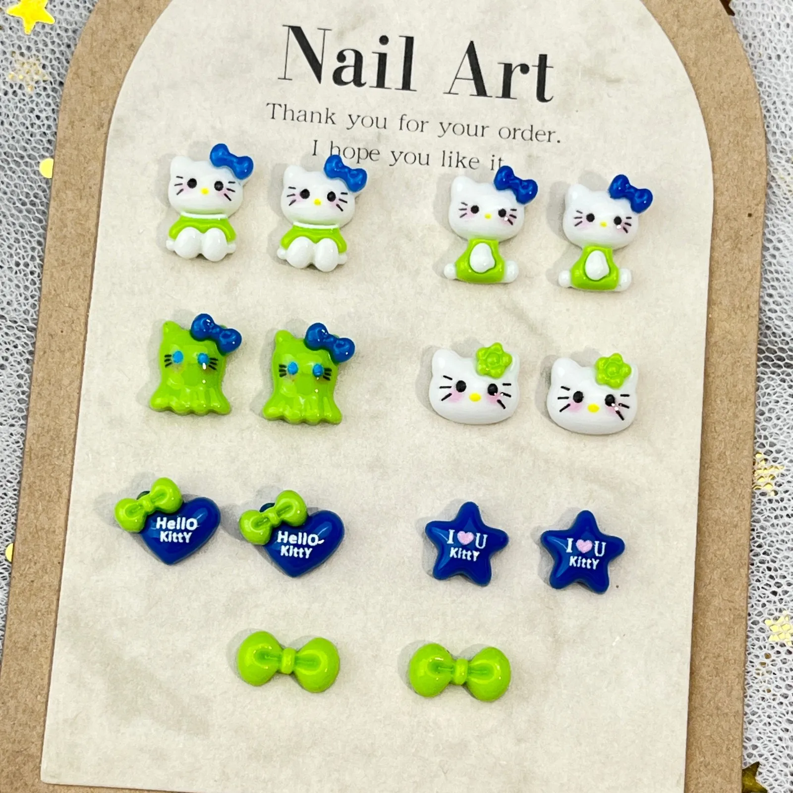 20Pcs Adorable Hello Kitty Nails Green KT Cat Cartoon Nail Accessories Charms