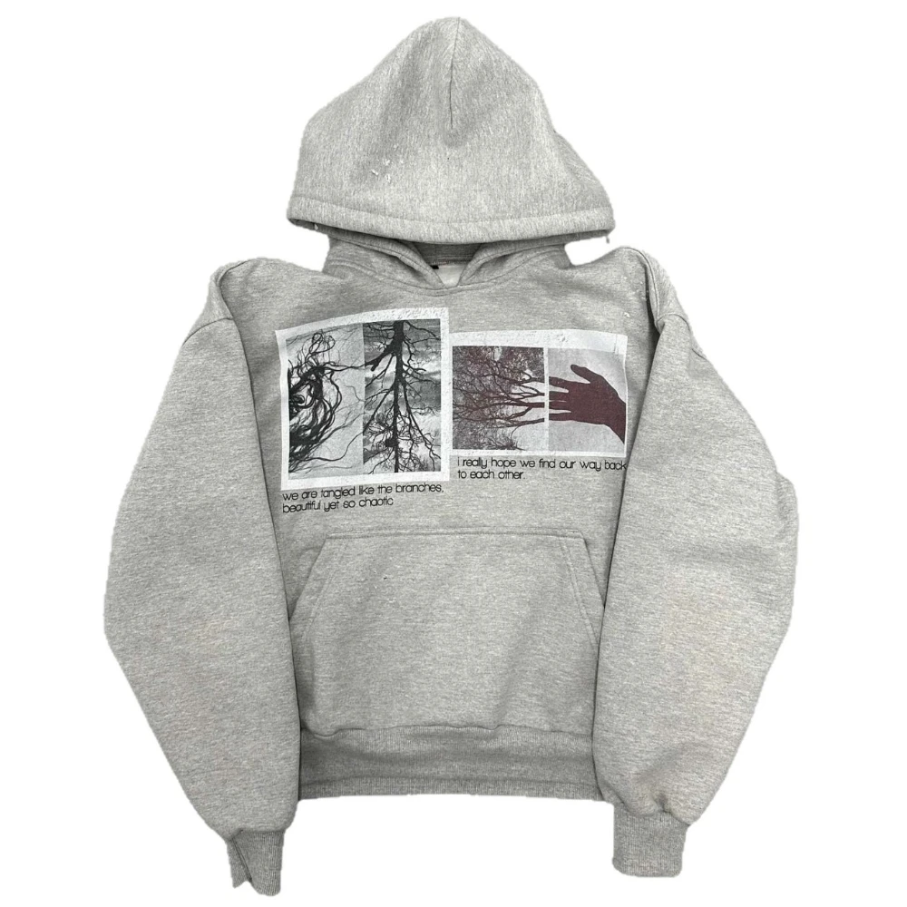 American Aesthetic Gray Unisex Oversized Graphic Hoodie Tangled Branches Hand Print Artistic Slogan Fleece Pullover Sweatshirt