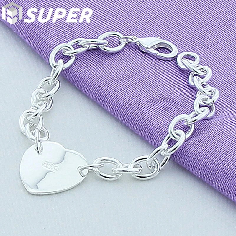 

925 Sterling Silver Heart Pendant Bracelet Chain For Woman Man Charm Wedding Engagement Party Fashion Jewelry