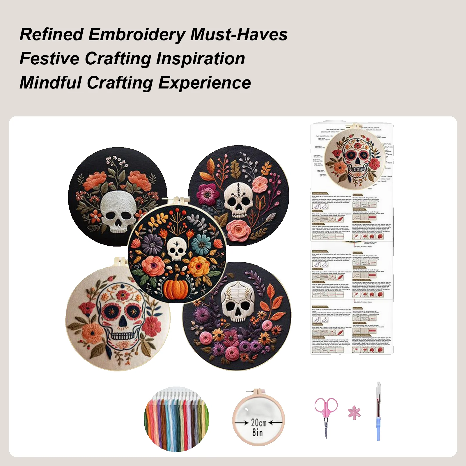 Halloween Embroidery Kit Halloween Skull Pattern Embroidery Kits Hand Crafts Practice Set Hoop Threads Scissors For Women Adults