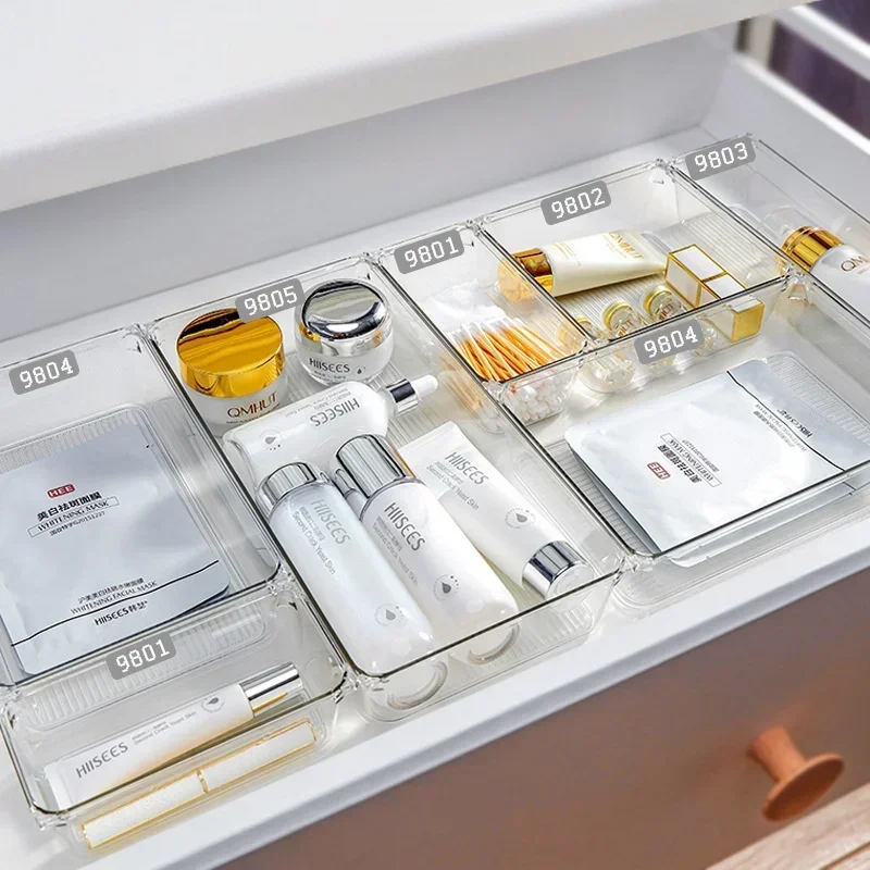 4pcs Clear Drawer Storage Box Plastic Desk Dresser Cosmetic Table Drawer Divider Box Makeup Storage Container Vanity Organizer