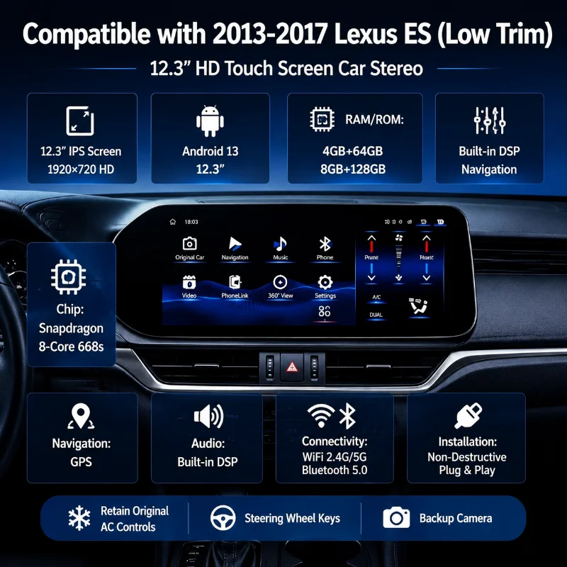 12.3 Inch Android Car Navigation for Lexus ES 2013-2017 Low Trim, Plug and Play, Wireless CarPlay Smart Multimedia Player