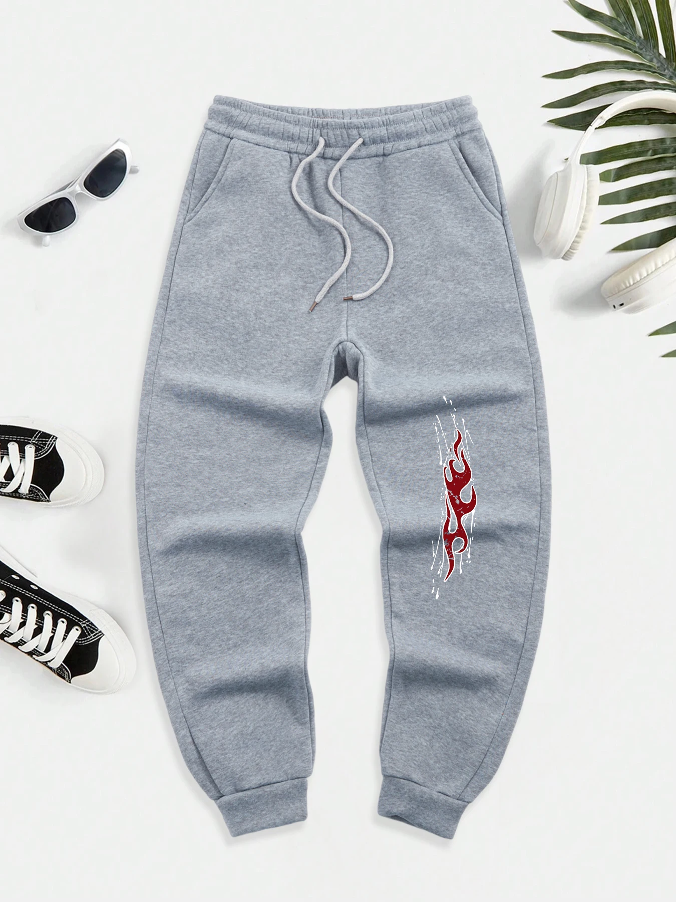 Dark Red Flame Print Men New Drawstring Jogging Pant Autumn Casual Pants Fleece Pocket Male Trousers Trendy Street Sweatpants
