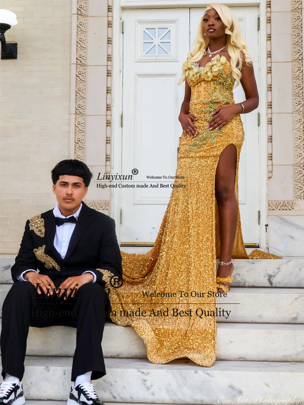 Shiny Sequins Prom Dresses Customized Black Girl 3D Floars Lace Evening Gown With Sexy Side Slit Long Mermaid robes de soirée