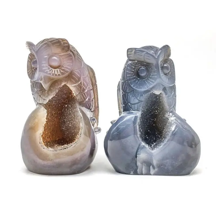 Wholesale  Natural druzy agate owls  hand caved crystal animals  heading gemstone for home decoration