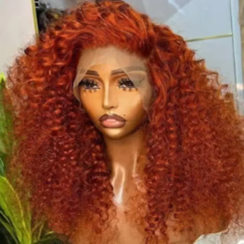 Soft 26Inch Long 180Density Orange Kinky Curly Deep Lace Front Wig For Women Babyhair Glueless Preplucked Daily