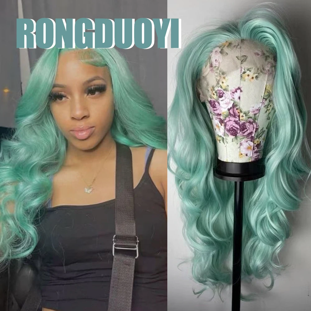 Image of RONGDUOYI Mintgrüne gewellte synthetische Perücke, mintige Farbe, 13 x 4 Spitzenteil, Hitzefaser, Lace-Front-Perücken, Cosplay, Party, Verwendung, gewelltes Haar