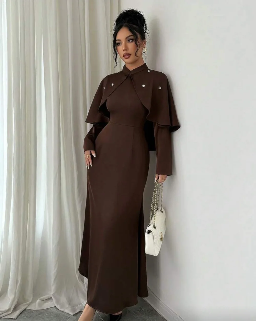 

Customized Brown Fashion Classic Rhinestone Pleat Mermaid High Collar Ankle Length Evening Dresses Sizes Available High Quality