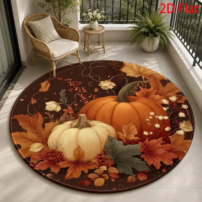 Cute Scarecrow Fall Harvest Round Rug,Pumpkin Sunflower Bird Printed Circular Floor Mat,Autumn Season Living Room Carpet