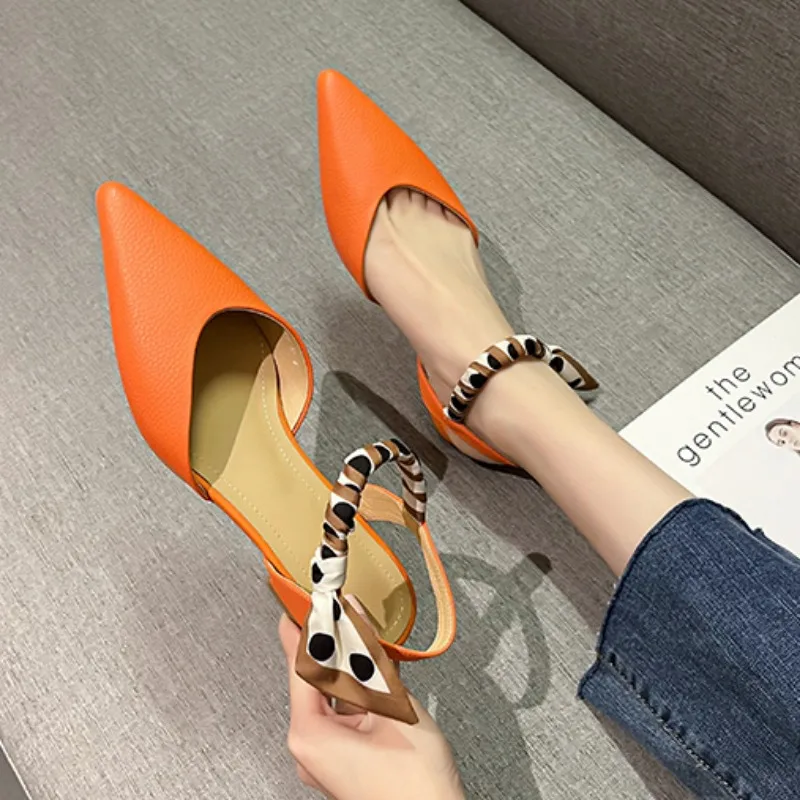 Women's Shoes Pointed Toe Low Heel Sandals Summer Luxury Woman Clothes Elegant Party Korean Orange Shoes with Ties Designer