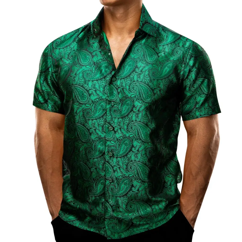 Barry Wang Men's Shirts Short Sleeve Silk Embroidered Red Green Blue Purple Gold Paisley Slim Fit Casual Male Blouses Lapel Tops