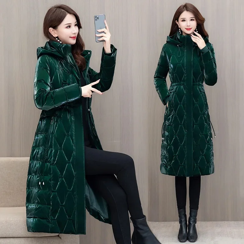 Winter Parkas Long Glossy Down padded jacket Women new Fashion Loose Hooded Windproof Warm Cotton Clothes Female overcoat T545