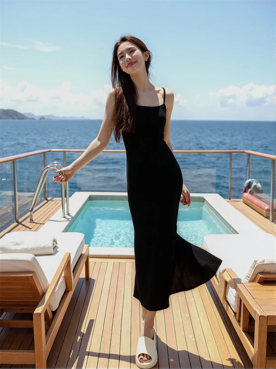 Vestido de mujer tendencia 2025 correa de espagueti ajustado verano con abertura lateral abertura alta dividida recorte agujeros huecos