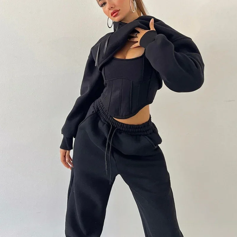 Women Activewe Casual Hooded Jogger Sets 3 Piece Sets Concise Classic Irregulary Tanks Long Sleeve Crop Top Bandage Pants Y2K