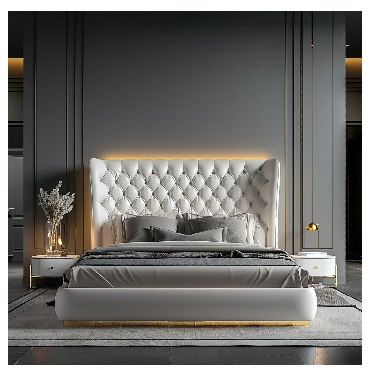 2024 design Italian luxury bedroom furniture set fancy led light up king size bed frame wood modern beds with led lights