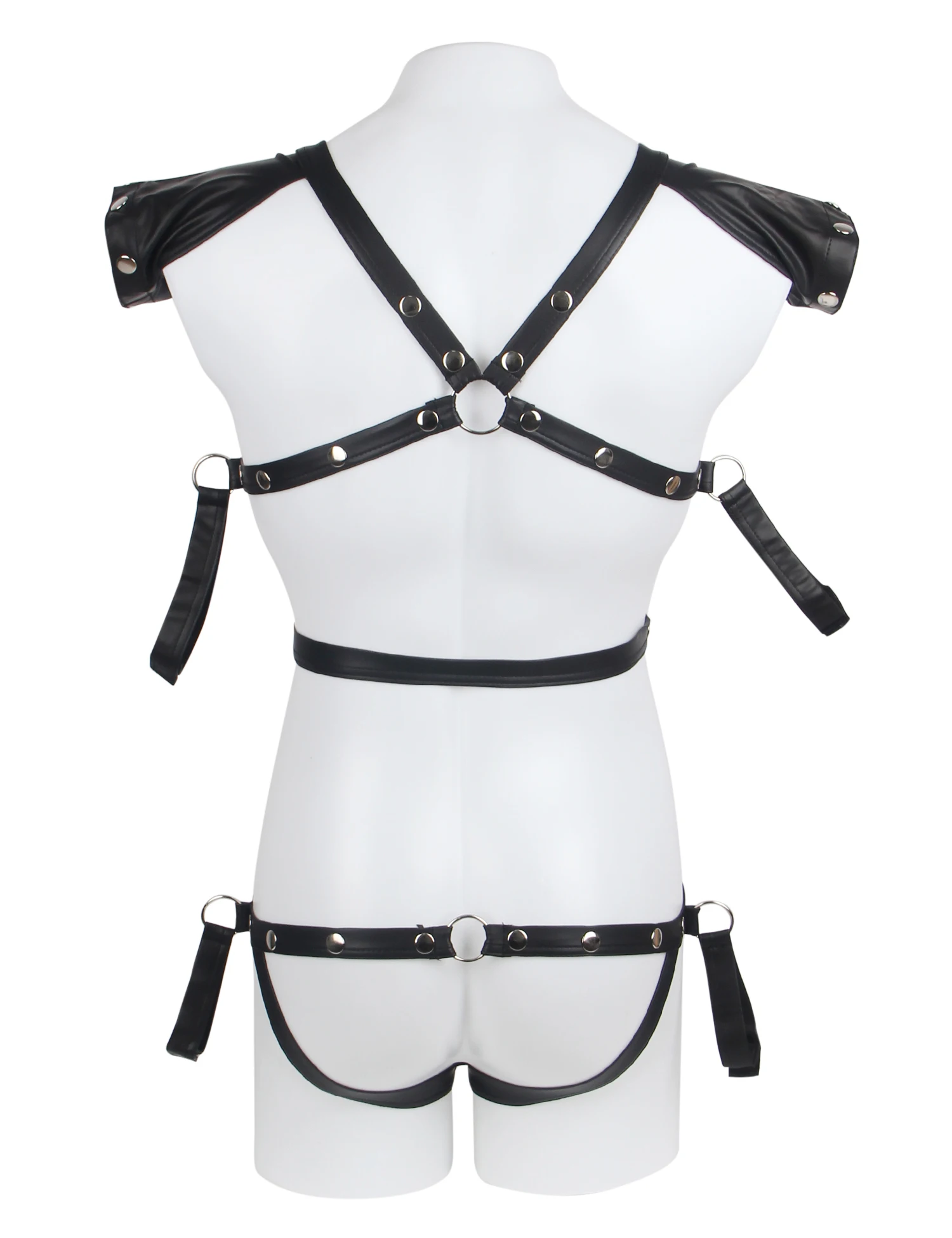 Black Mens Underwear Rivet Sexy Faux Leather Harness Zipper Bondage Bodysuit Bracelet Body Shaper Briefs Top Lingeries Plus Size