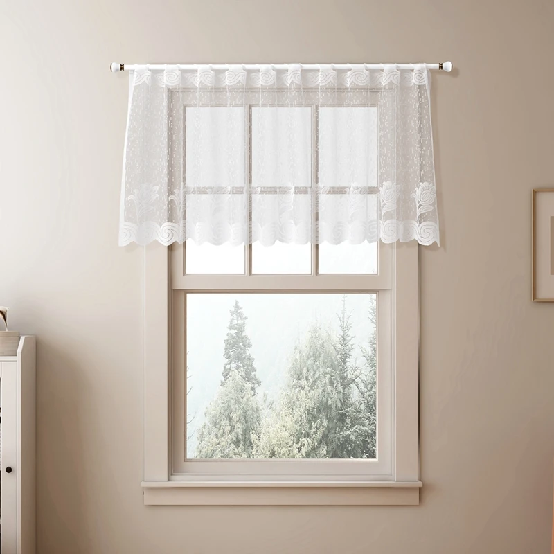 1 Panel Lace Sheer Rod Pocket Kitchen Curtain Tier 4 Sizes White Light Filtering Voile Short Curtain for Bedroom Front Door