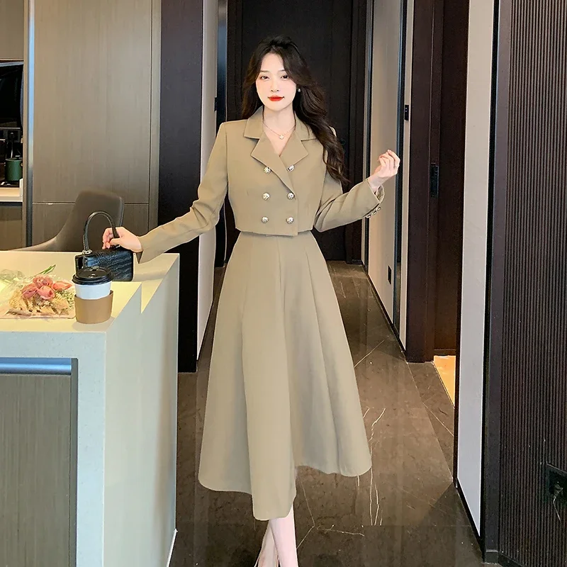 Insozkdg Fashion Women Suit Jacket Skirt High-Level Double-breasted Slimming Office Lady Tops Over-the-Knee Skirt Two-piece Set