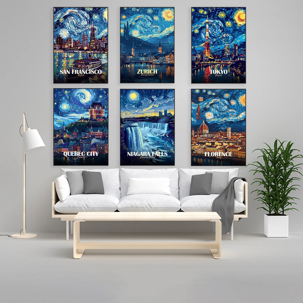 Starry night travel posters for Kruger National Park, Rome, Canada, San Francisco, Tokyo Tower, Valparaiso, New York City, Zuric
