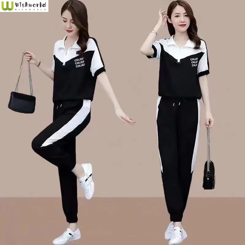 

2022 Summer New Women's Suit Fashion Running Suit Loose and Slim Western Style Age Reducing Leggings Two-piece Set