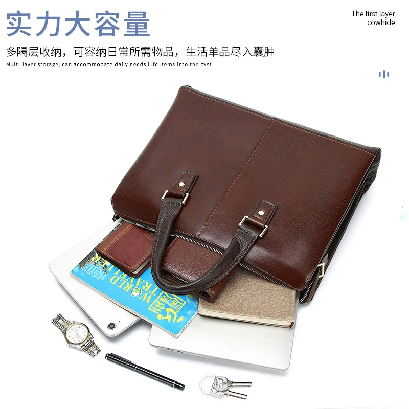 الرجال حقيقية حقيبة ساعي حقيبة يد جلدية كمبيوتر محمول 15 بوصة سعة كبيرة الطبقة العليا جلد البقر حقيبة الرجال الراقية حقيبة أعمال #3