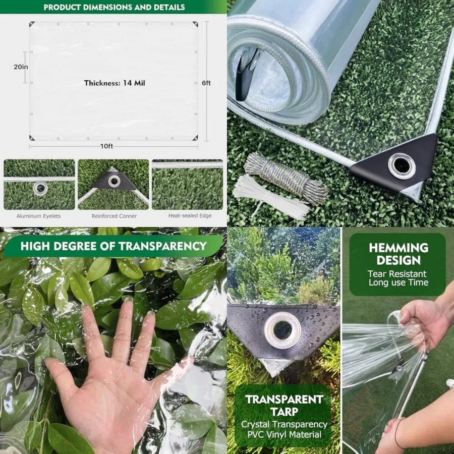 

Clear Tarp Heavy Duty with Grommets 6x10 Feet Waterproof PVC Tarpaulin 14 Mil for Patio Enclosure, Greenhouse Cover, Porch Roof