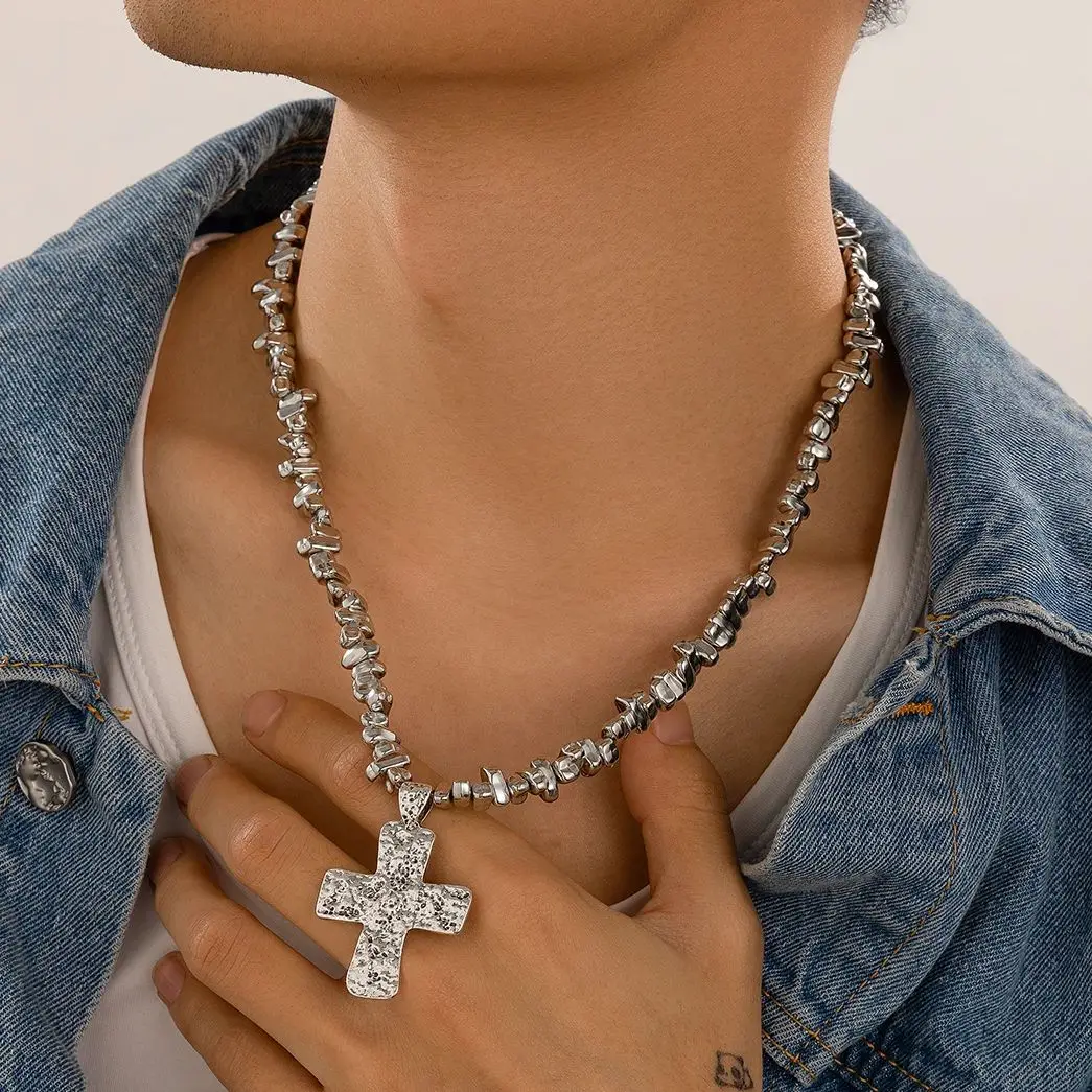 Trend Irregular CCB Beads Chain Choker Necklace for Men Hip Hop Silver Color Cross Pendent Necklace 2024 Male Jewelry Accessory