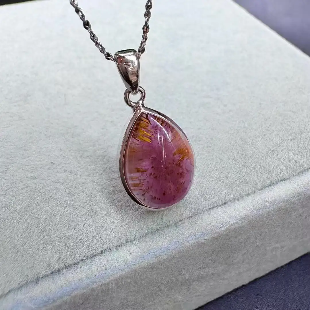 Colar Pingente de Prata 925 com Cristal Natural Aurora Trapiche em Forma de Gota, Presente de Joias