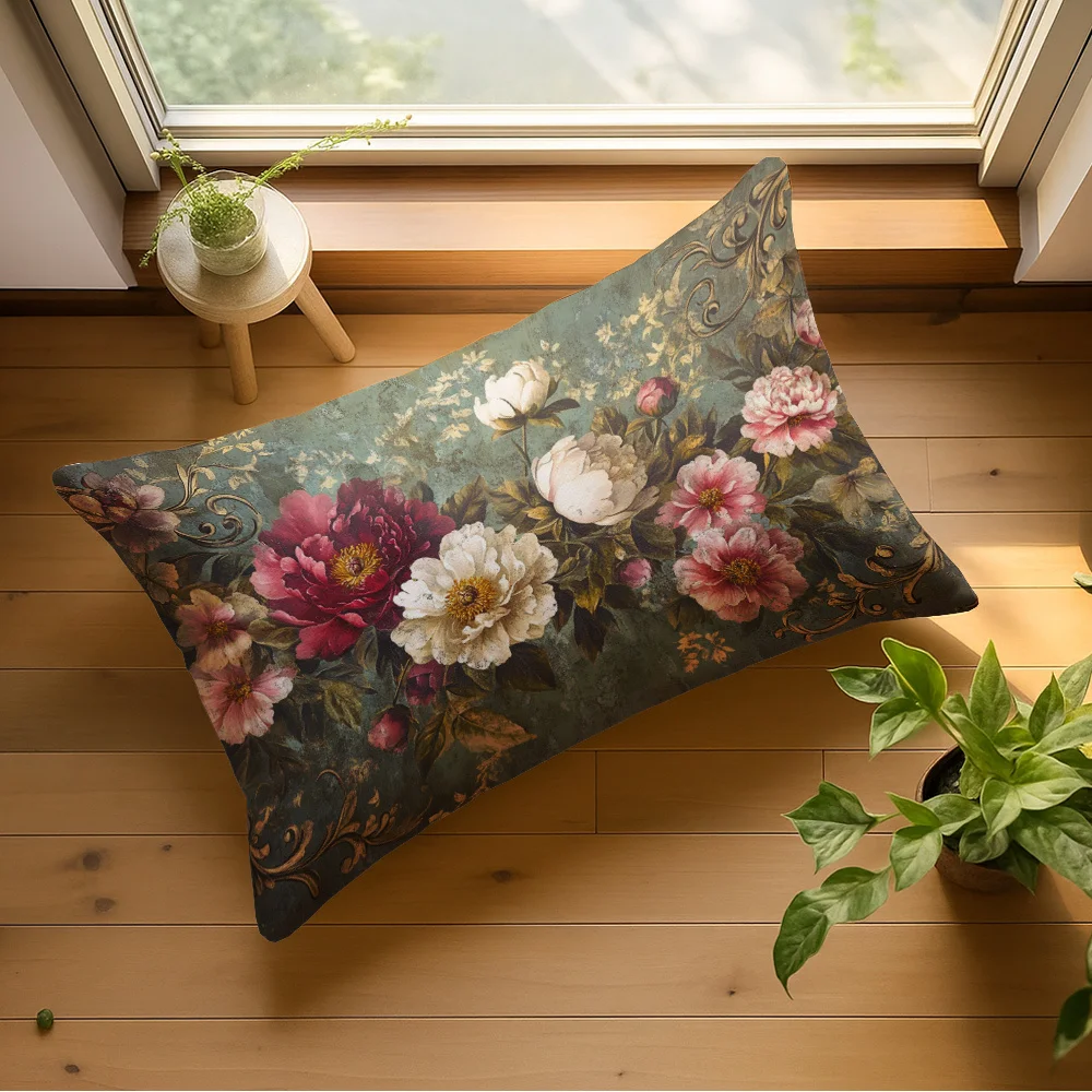 1pc Vintage Peony Floral Lumbar Pillow Cover, Suitable for Sofa, Bedroom, Living Room, Retro Room, Sweet Gift for Flower Lovers