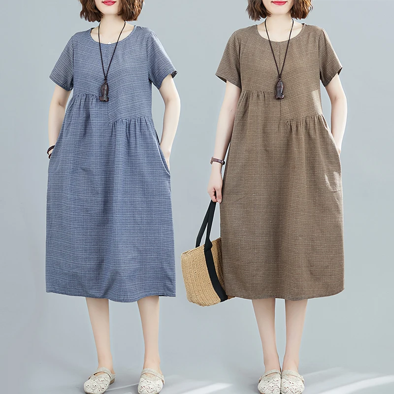 Estate delle nuove donne di lino cotone Dr Casual di media lunghezza Plaid Loose Fit rotondo Ne ort Sve Artistico Sle Midi Dr