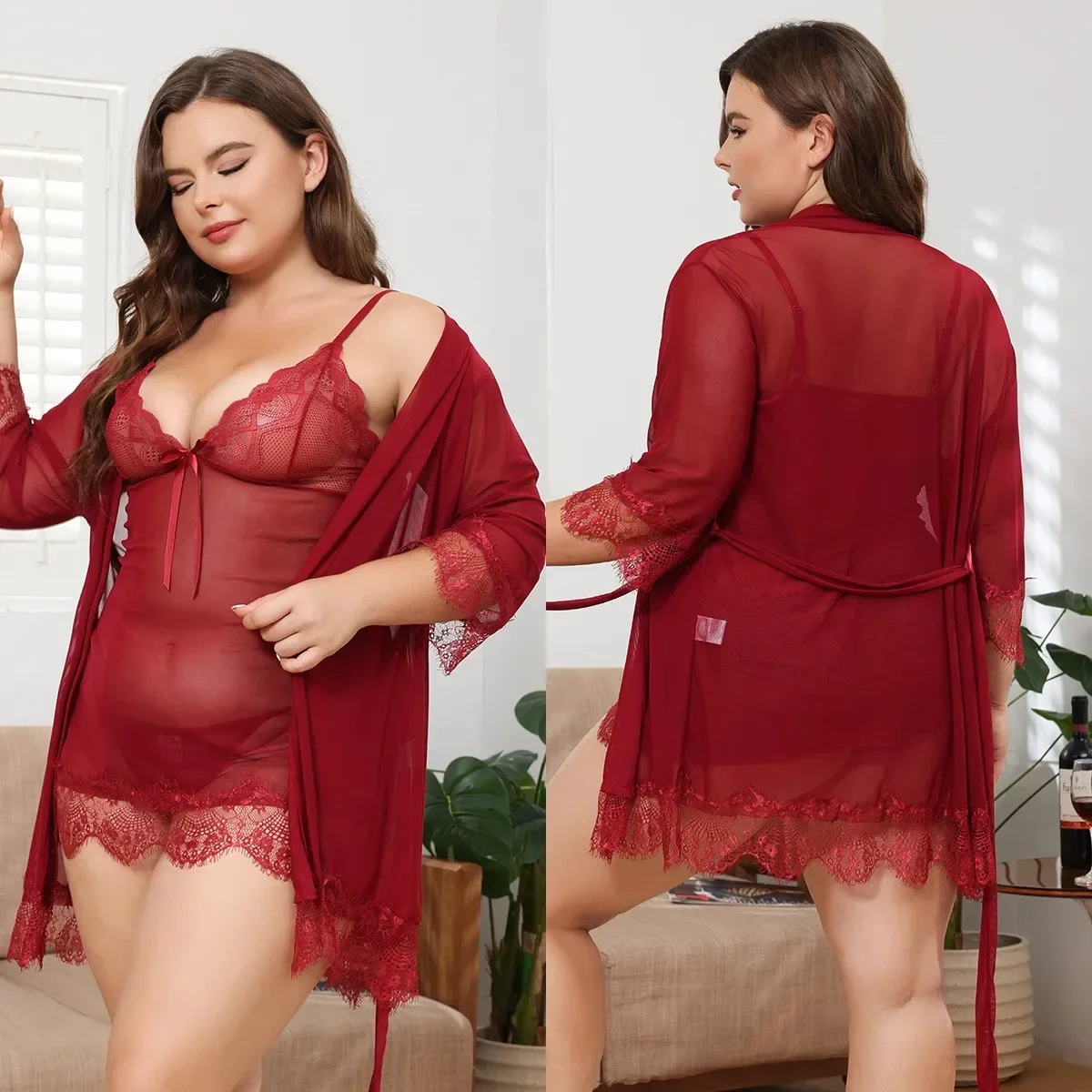 

369bibi Women's Sexy 3-Piece Lingerie Set - Sheer Mesh Straps Nightdress & Bathrobe, Alluring Seductive Sleepwear Hot