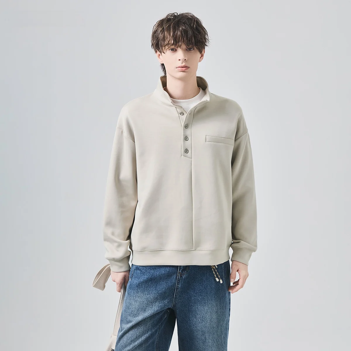 

Мужская повседневная свободная толстовка с длинным рукавом, воротником-стойкой, внутренним слоем для воздухообмена, удобная, стильная, для молодежи, на каждый день