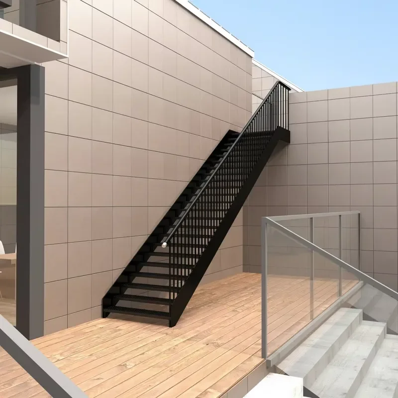Outdoor Black Steel Straight Staircase with Vertical Bar Railing Modern Exterior Metal Stairs for Villa Patio Garden Durable