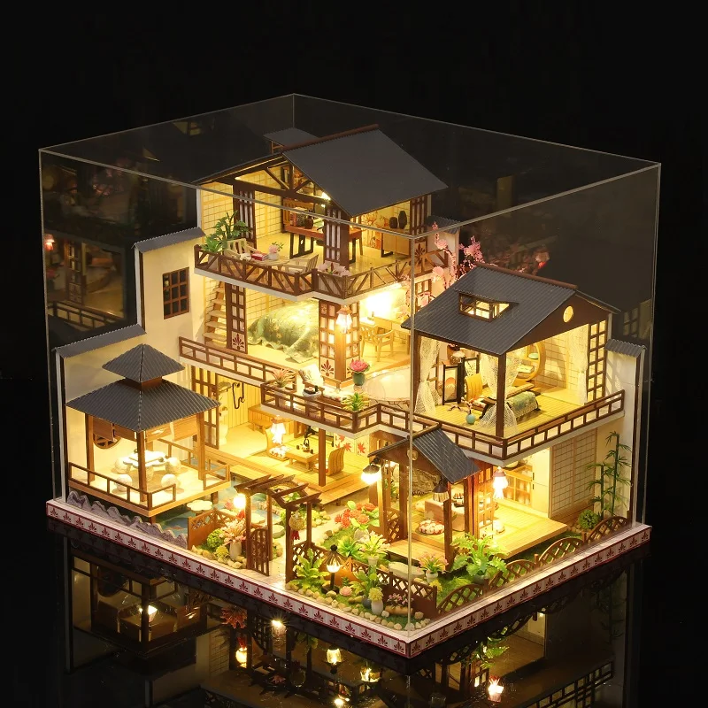 DIY Holz japanische große Casa Puppenhäuser Miniaturmodellbausatz Puppenhaus Villa mit Möbelbeleuchtung für Freunde Geburtstagsgeschenke