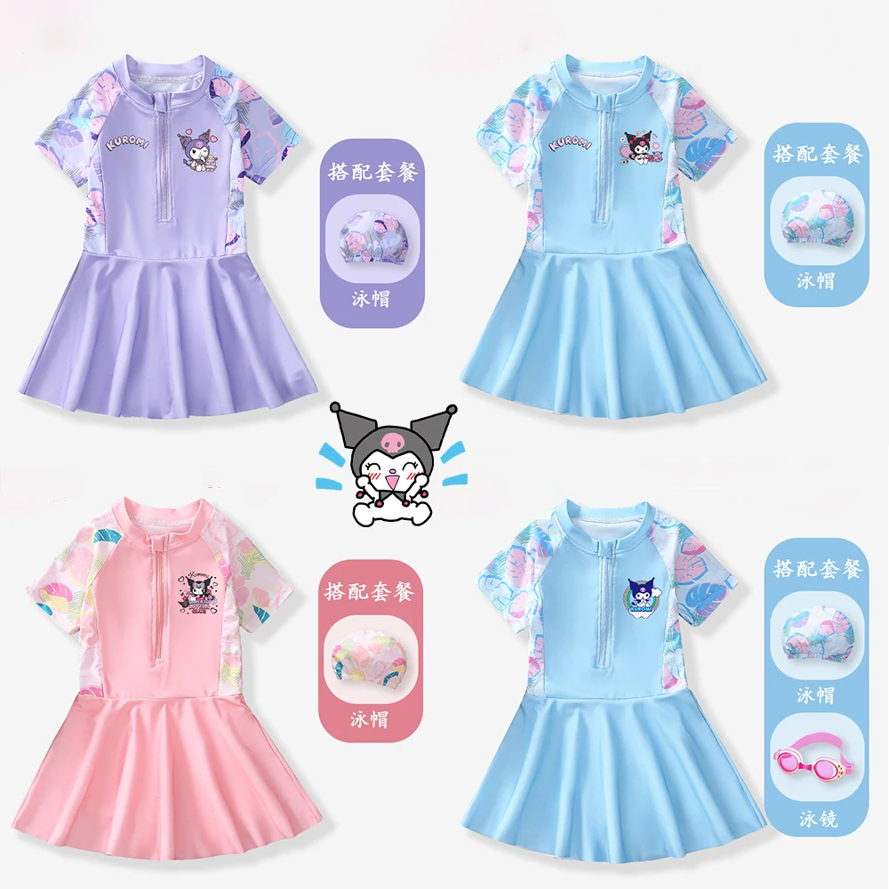 

Anime Kawaii Kuromi Girl's Swimsuit Sanrios Summer Princess Professional Training Quick-Drying Sunscreen Swimwear Beach Clothes