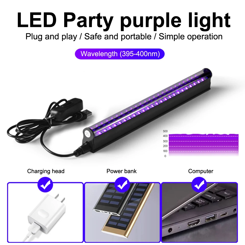 

6W UV Black Light Bar USB Stage Effect Light 395NM Ultraviolet Tube Disco DJ Light Glow in the Dark Backlight Halloween Decor