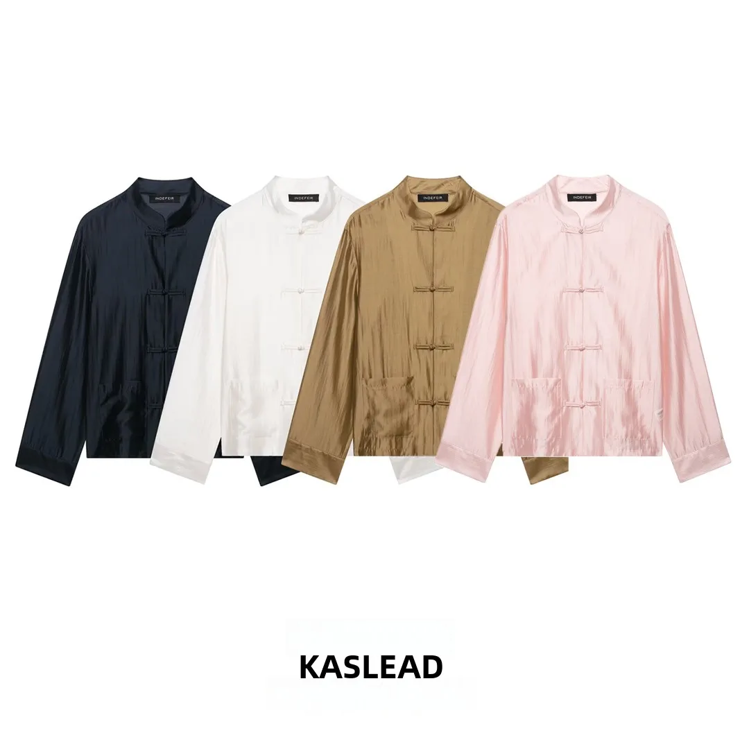 KASLEAD New Women's Street Style Loose Fit Long Sleeve Shirt Satin Rope Knot Button Simple Versatile Polyester Fiber Skin-fri...