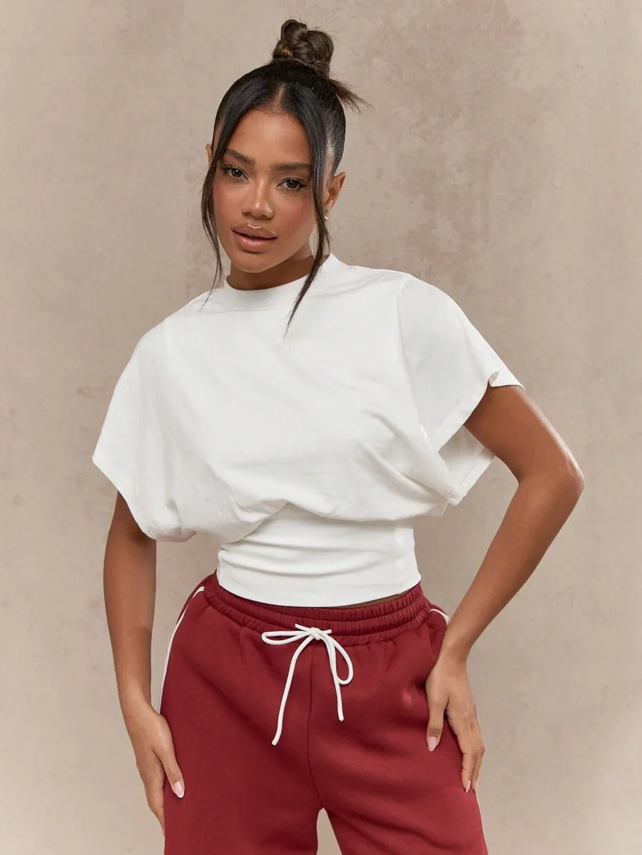 

White Oversized Balloon Sleeve Crop T-Shirt with Cinched Waist for Casual, Yoga & Studio Wear